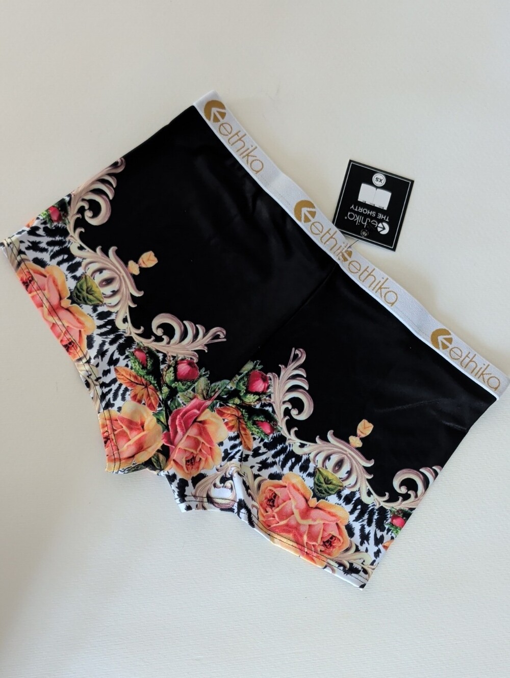 ethika Black Floral & Rose Print Boyshorts, Size XS